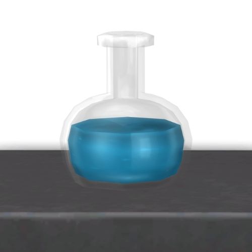 A screenshot from The Sims 4 showing a dark wooden shelf with a confident emotion potion on top