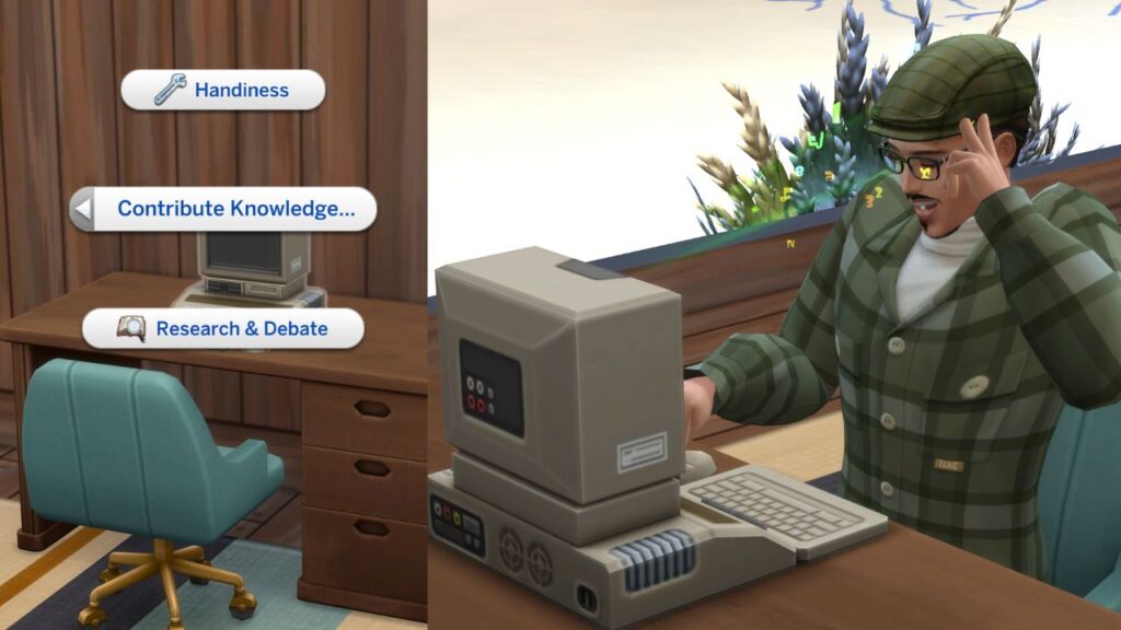 A screenshot from The Sims 4 showing how to contribute knowledge as a sim 
