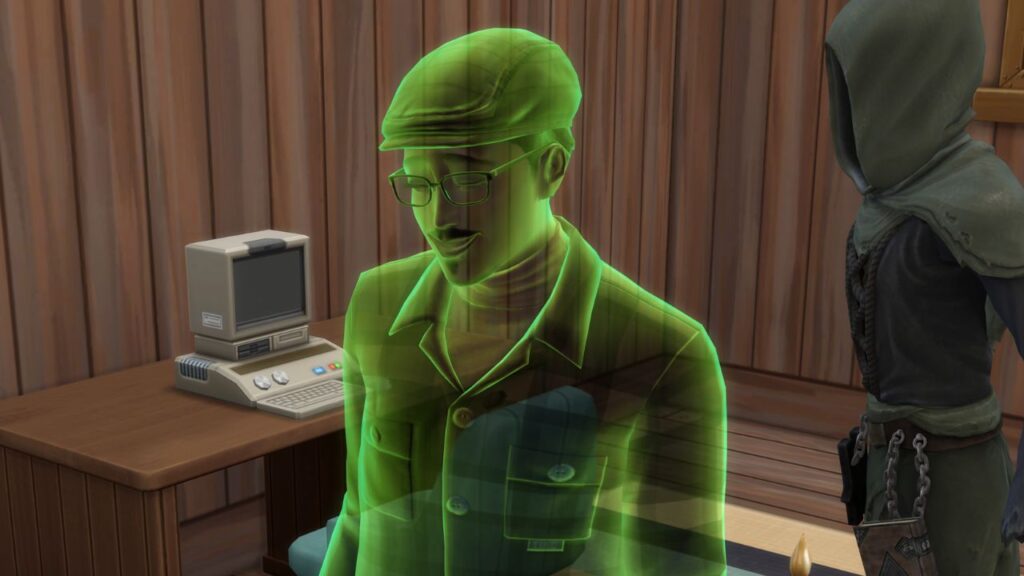 A screenshot from The Sims 4 showing a green ghost with the grim reaper standing behind them 