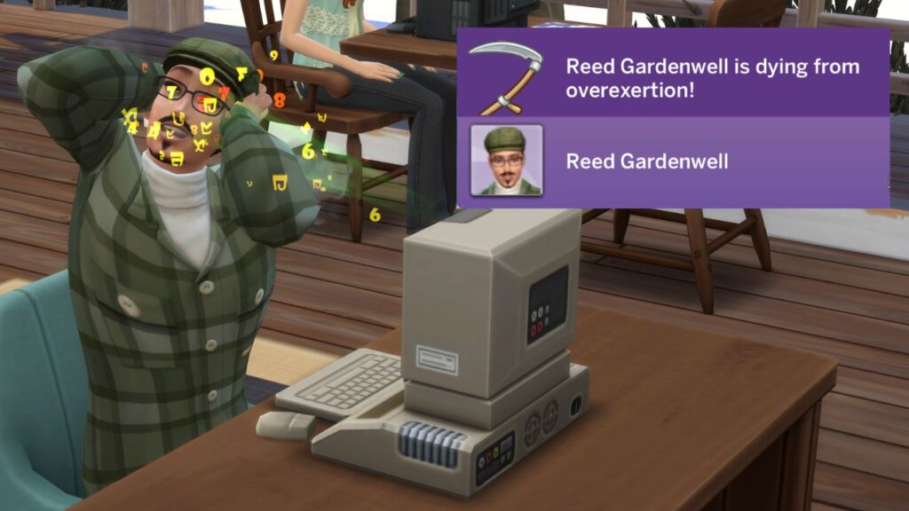 A screenshot from The Sims 4 showing a sim dying from contributing knowledge
