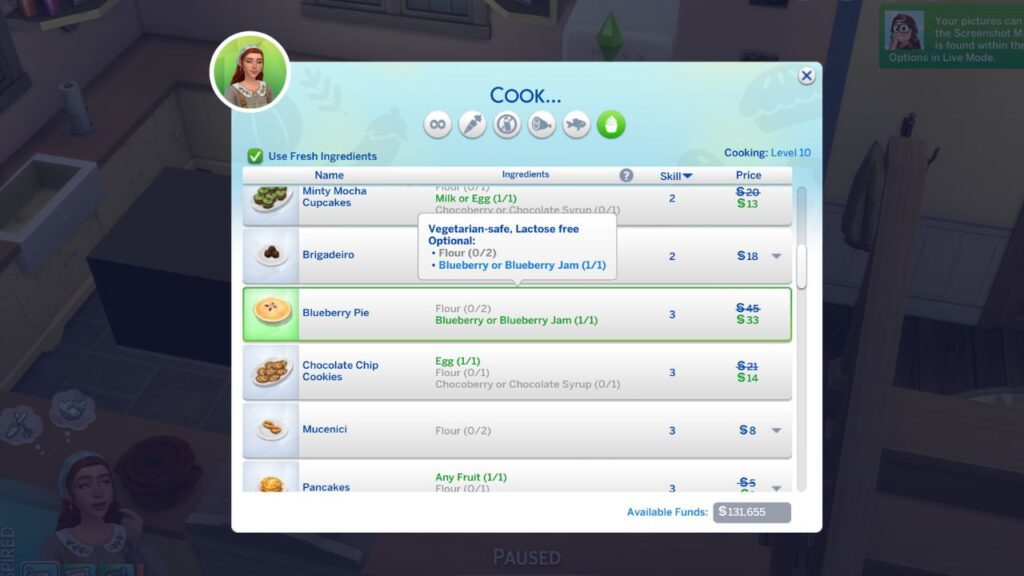 A screenshot from The Sims 4 showing how to bake a pie