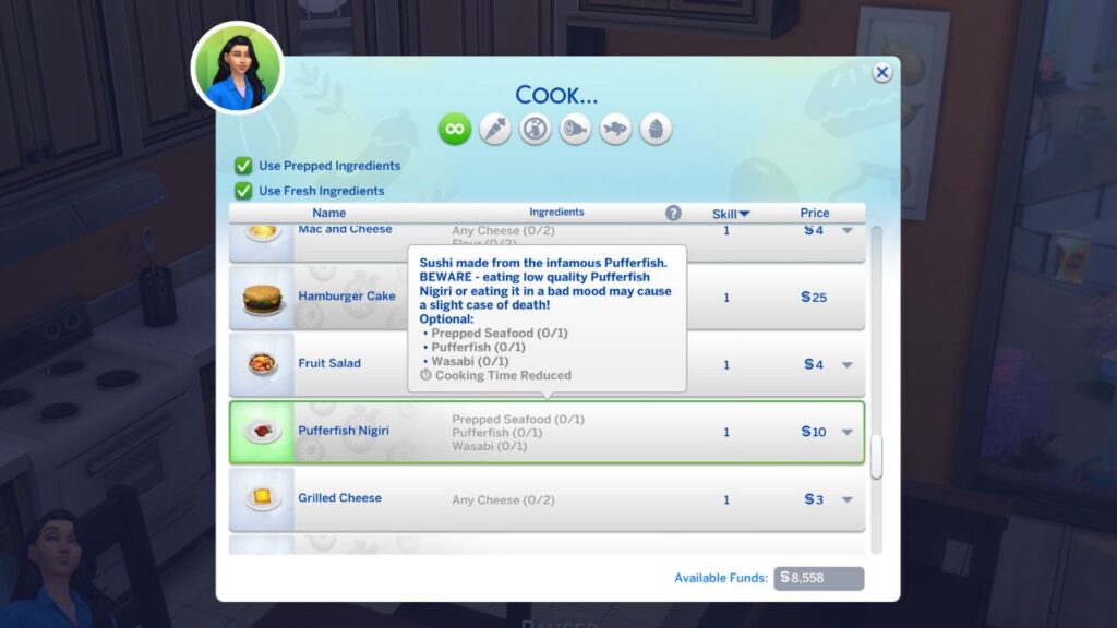 A screenshot from The Sims 4 showing the menu to cook pufferfish nigiri at home