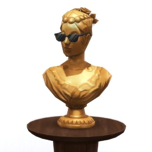 A screenshot from The Sims 4 showing a piece of art that is a gold bust statue with sunglasses on