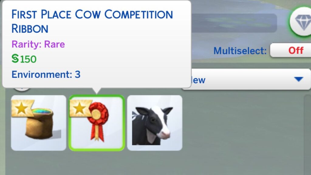 A screenshot from The Sims 4 showing the first place cow competition ribbon