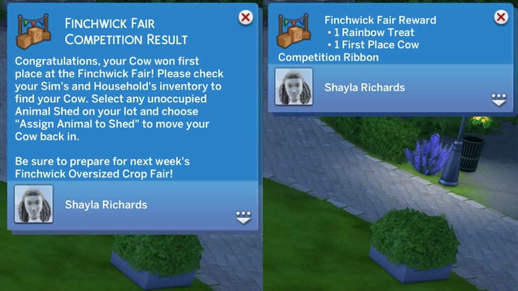 A screenshot from The Sims 4 showing the Finchwick fair competition result notifications 
