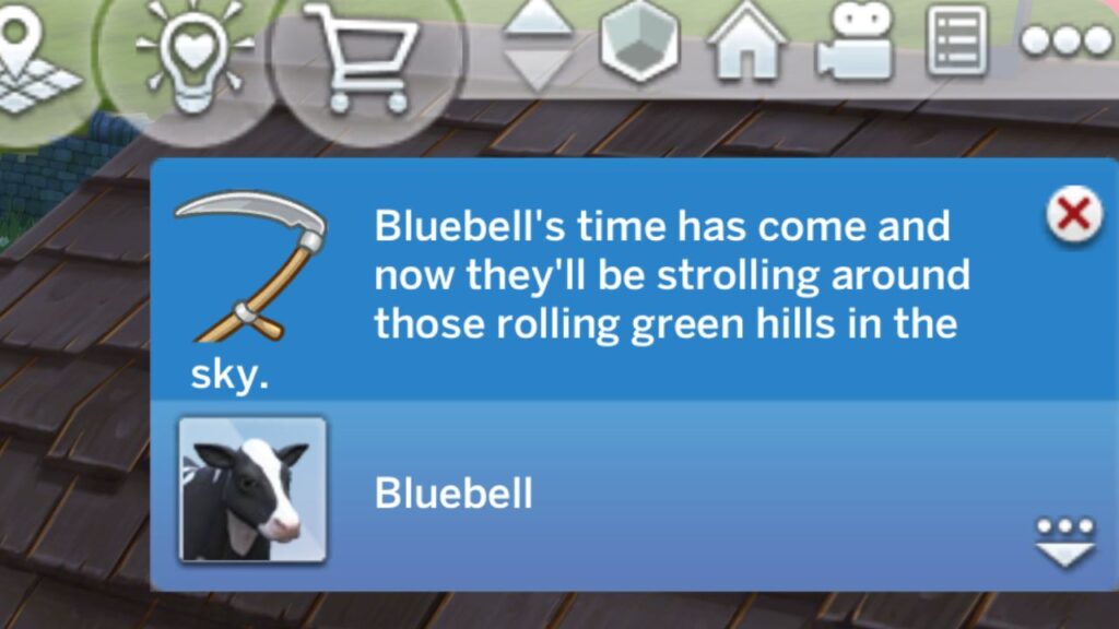 A screenshot from The Sims 4 showing the notification you get when Grim comes for a cow