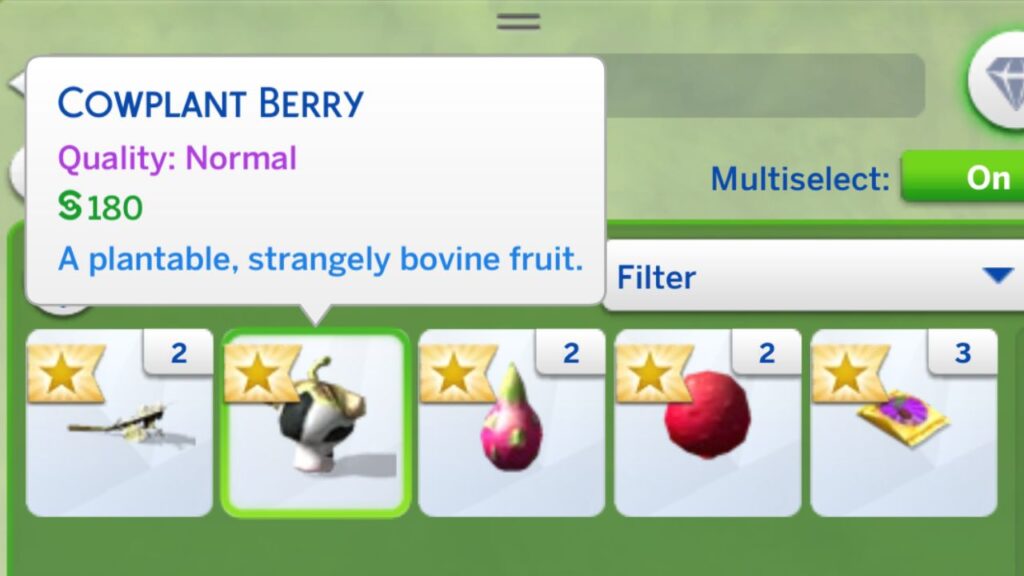 A screenshot from The Sims 4 showing a cowplant berry in a sim's inventory