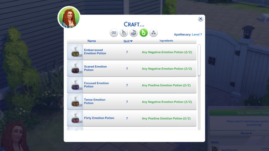 A screenshot from The Sims 4 showing how to craft emotion potions at level 7 