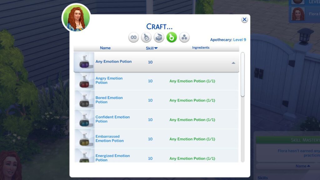 A screenshot from The Sims 4 showing how to craft emotion potions at level 10 