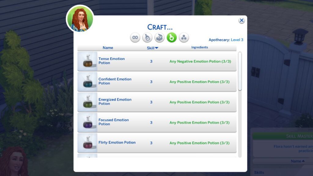 A screenshot from The Sims 4 showing how to craft emotion potions at level 3 