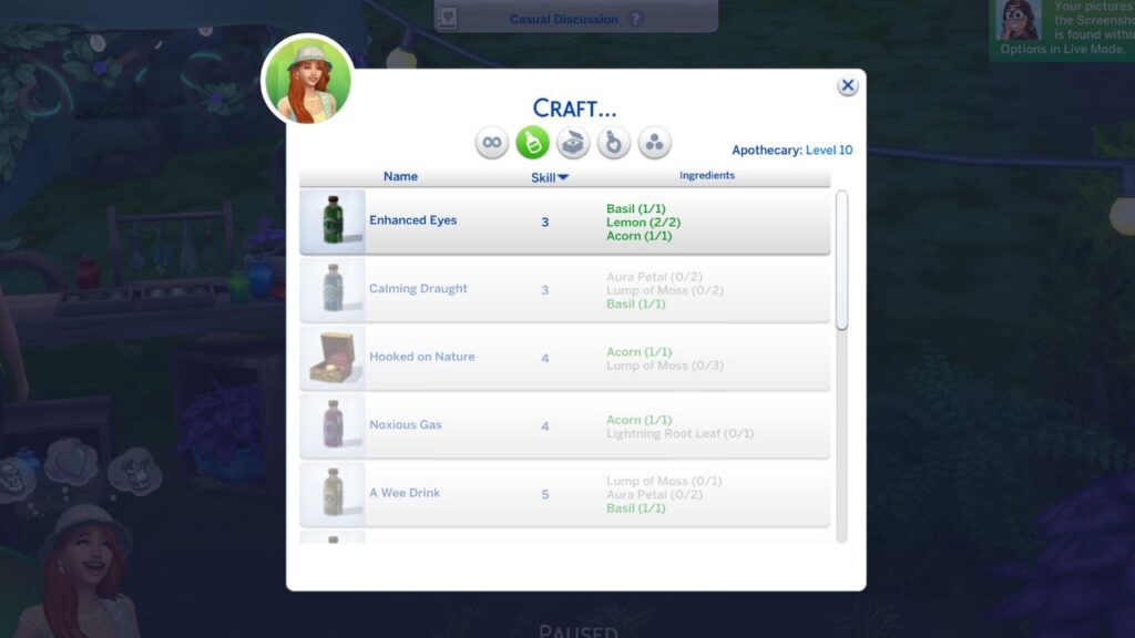A screenshot from The Sims 4 showing the crafting options for elixirs 