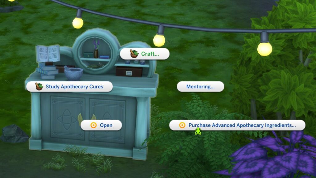 A screenshot from The Sims 4 showing how to craft on an apothecary table 