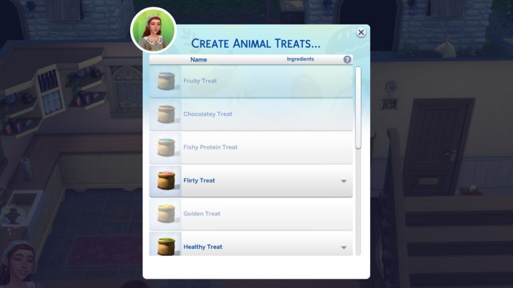 A screenshot from The Sims 4 showing how to create animal treats on a fridge 