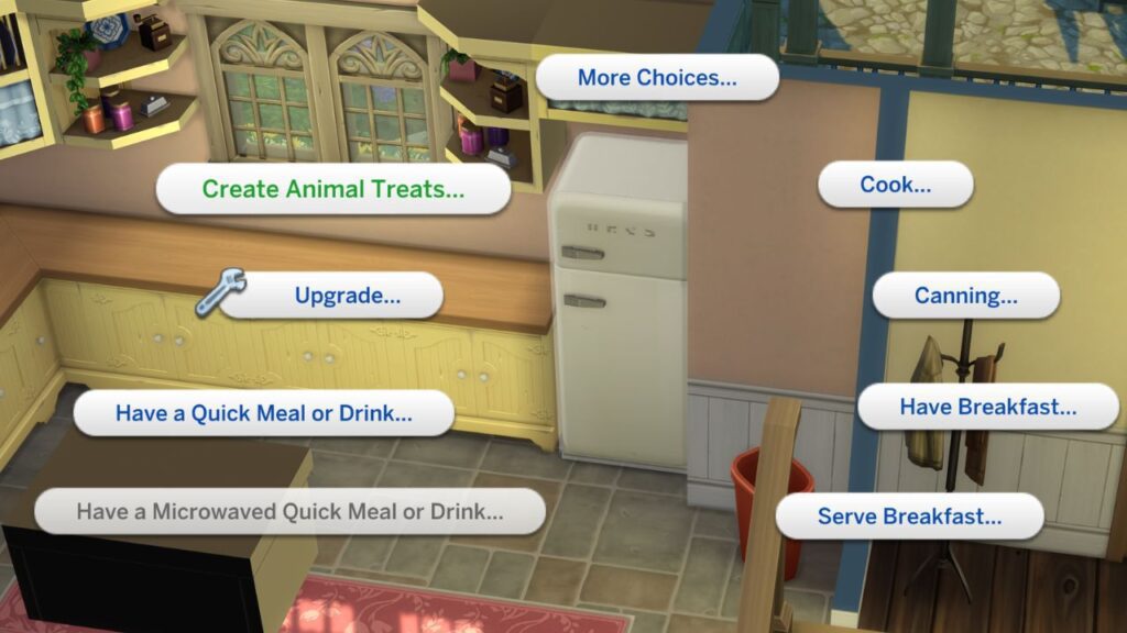 A screenshot from The Sims 4 showing how to make animal treats on the fridge