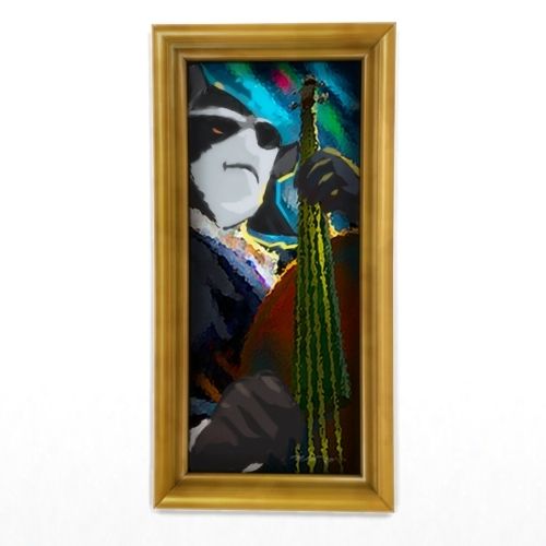 A screenshot from The Sims 4 showing a piece of art with a racoon playing a cello