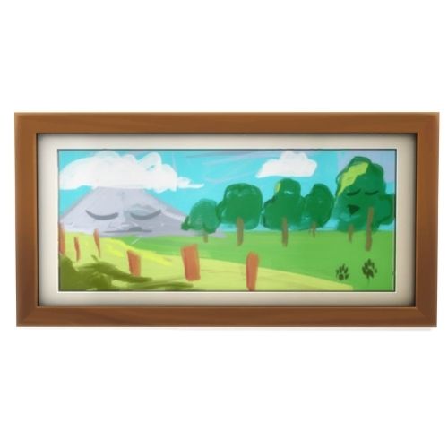 A screenshot from The Sims 4 showing a piece of art with a landscape scene with a tree and mountain with a face