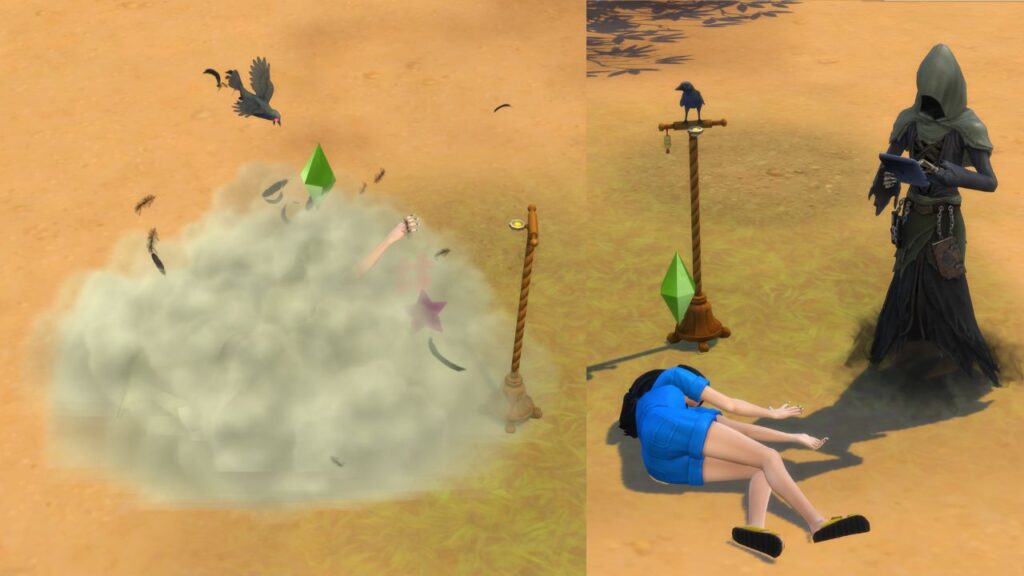 A screenshot from The Sims 4 showing a sim in a fight with a crow and the grim reaper coming for them 