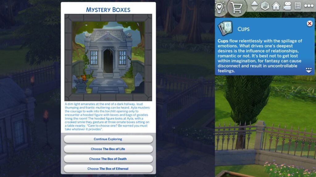 A screenshot from The Sims 4 showing the answer to crypt questions to get the cups tarot card