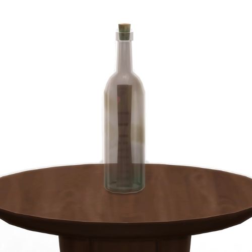 A screenshot from The Sims 4 showing a wooden table with a dirty brown glass bottle on top