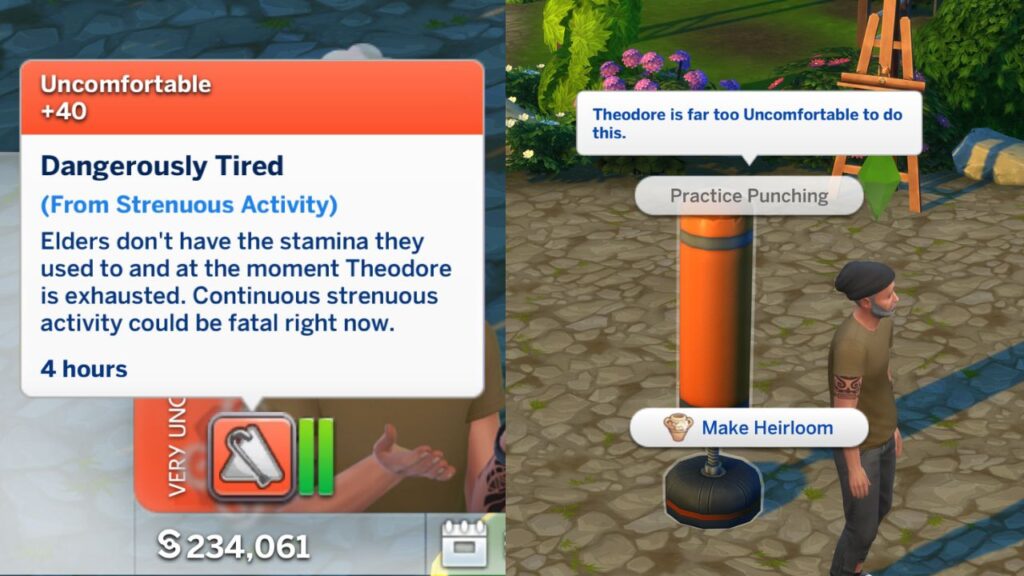 A screenshot from The Sims 4 showing the dangerously tired moodlet for elders 