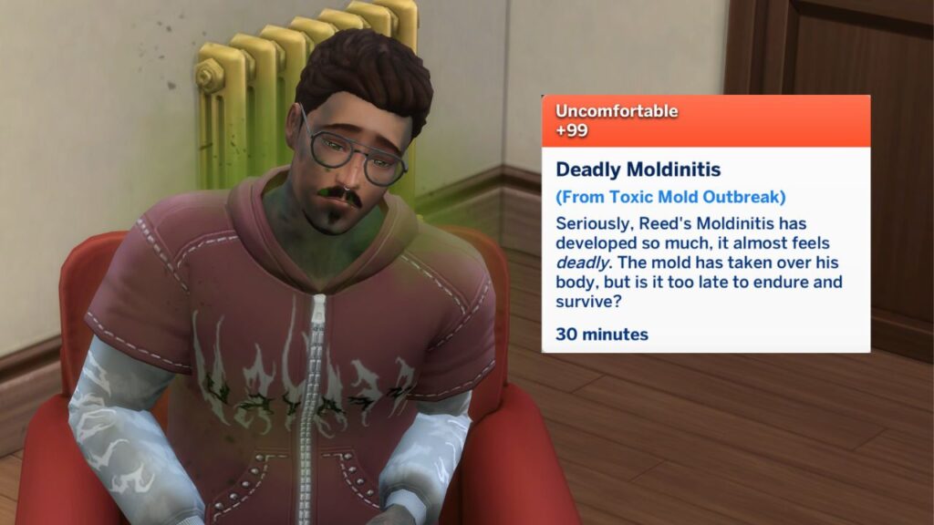 A screenshot from the sims 4 showing a sim sitting in a chair covered in dirt with a +99 uncomfortable deadly moldinitis moodlet 