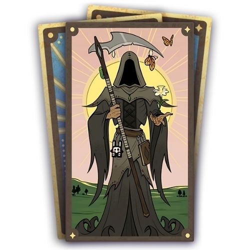 A set of three cards, the bottom two are face down. The top card has the grim reaper holding a death flower 