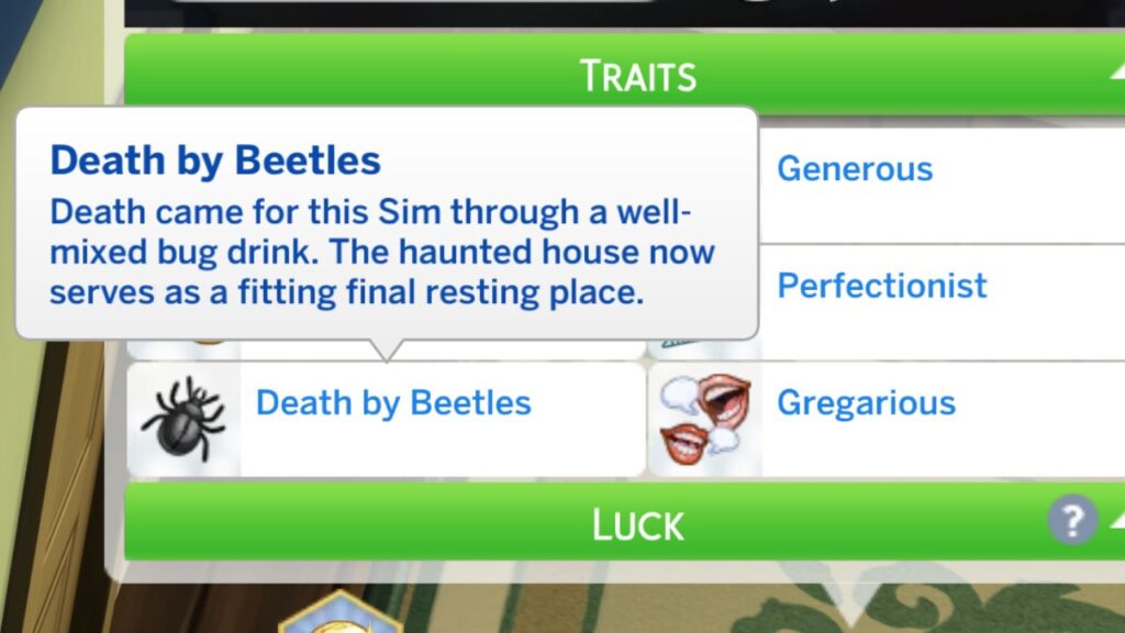 A screenshot from The Sims 4 showing the death by beetles trait 