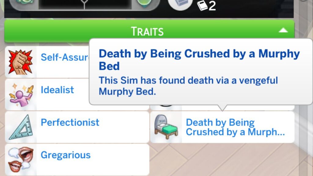 A screenshot from The Sims 4 showing the death by being crushed by a Murphy Bed trait 
