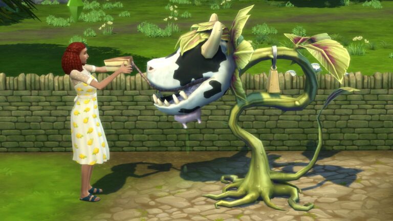 A screenshot from The Sims 4 showing a sim about to eat a cake from a cowplant