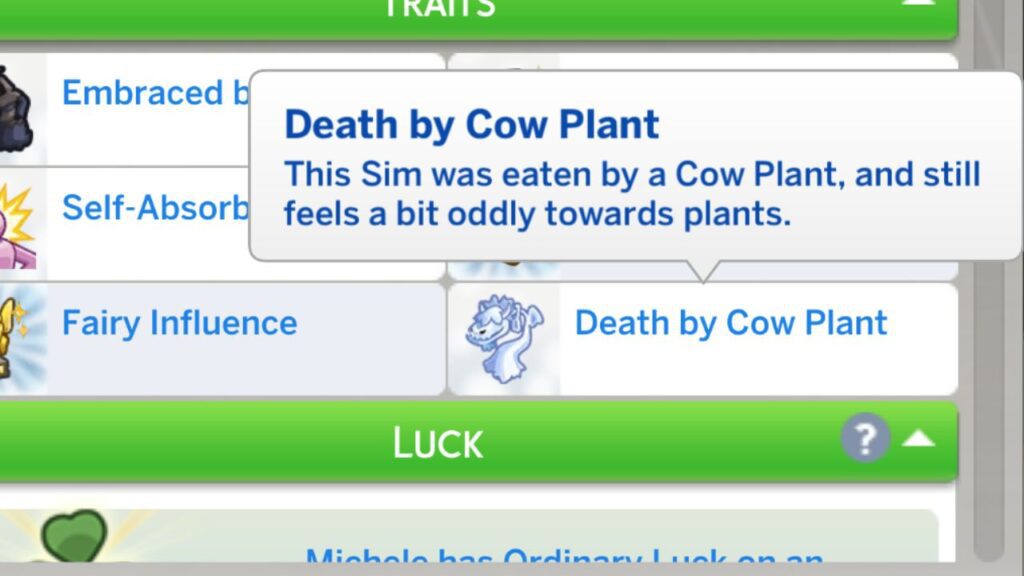 A screenshot from The Sims 4 showing the death by cowplant trait 