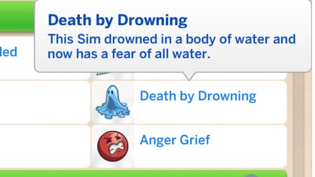 A screenshot from The Sims 4 showing the death by drowning trait 