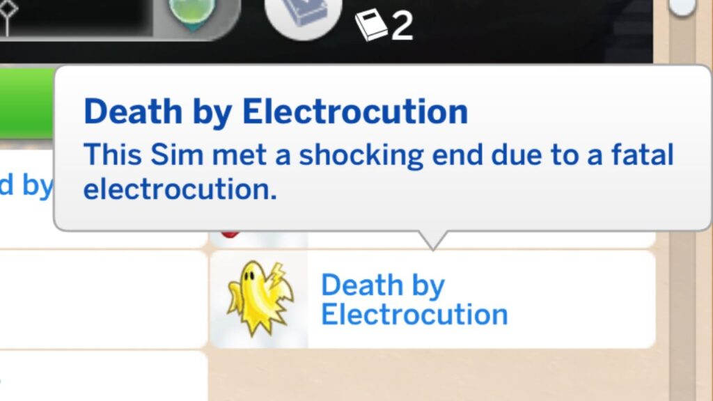 A screenshot from The Sims 4 showing the death by electrocution trait 