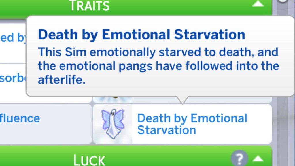 A screenshot from The Sims 4 showing the death by emotional starvation trait 