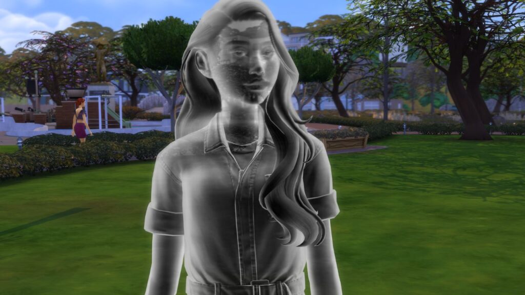 A screenshot from The Sims 4 showing a grey ghost in a park 