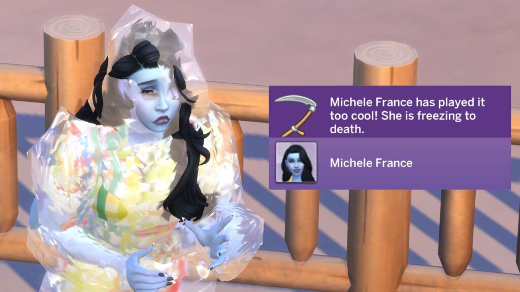 A screenshot from The Sims 4 showing a sim dying from freezing to death