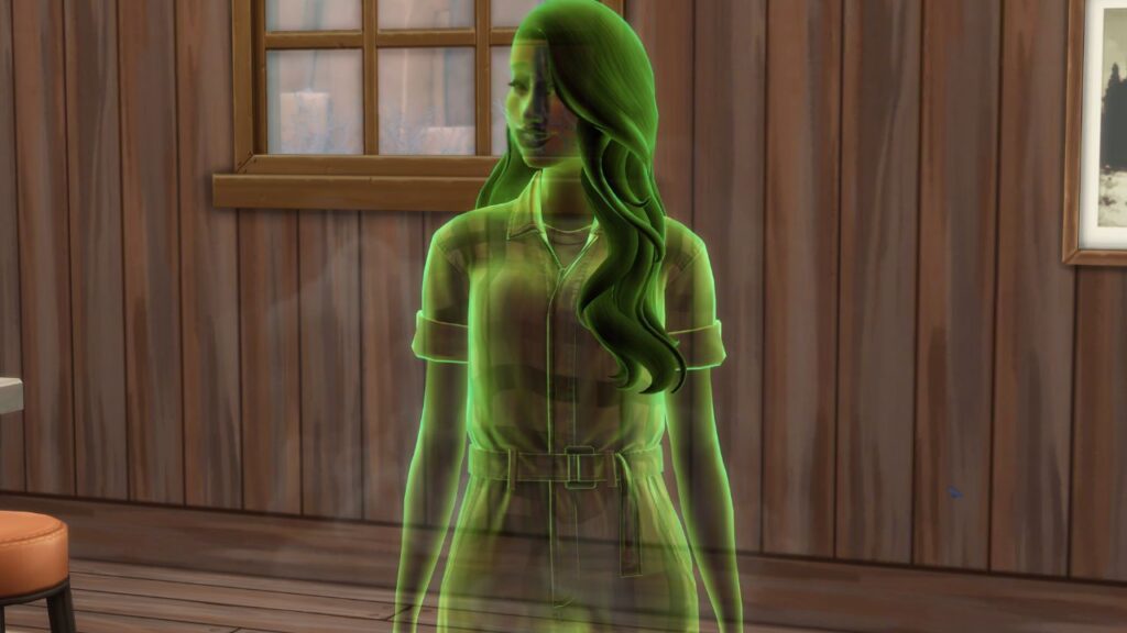 A screenshot from The Sims 4 showing a green ghost with steam 