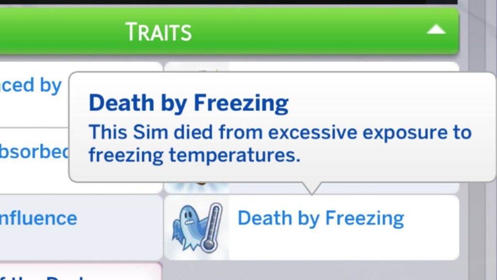 A screenshot from The Sims 4 showing the death by freezing trait 