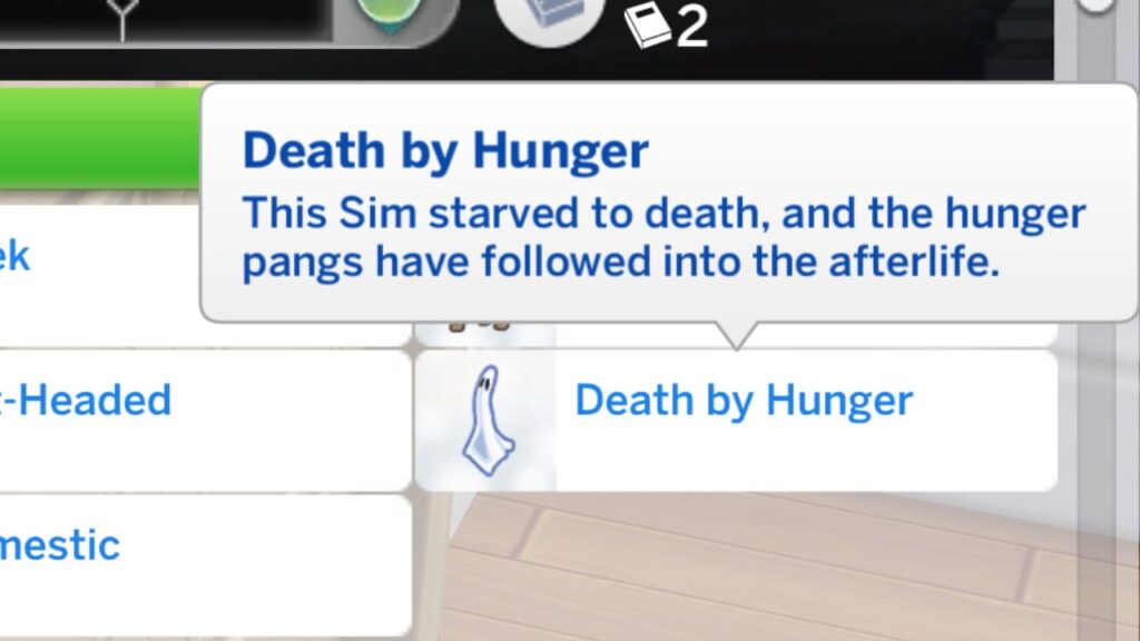 A screenshot from The Sims 4 showing the death by hunger trait 