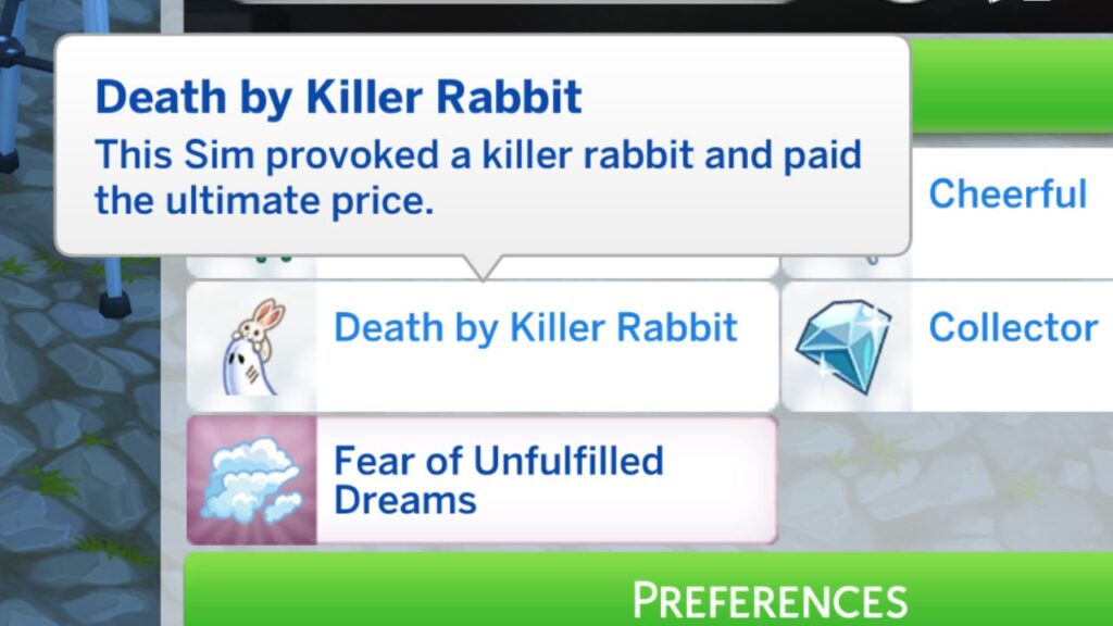 A screenshot from The Sims 4 showing the death by killer rabbit trait 