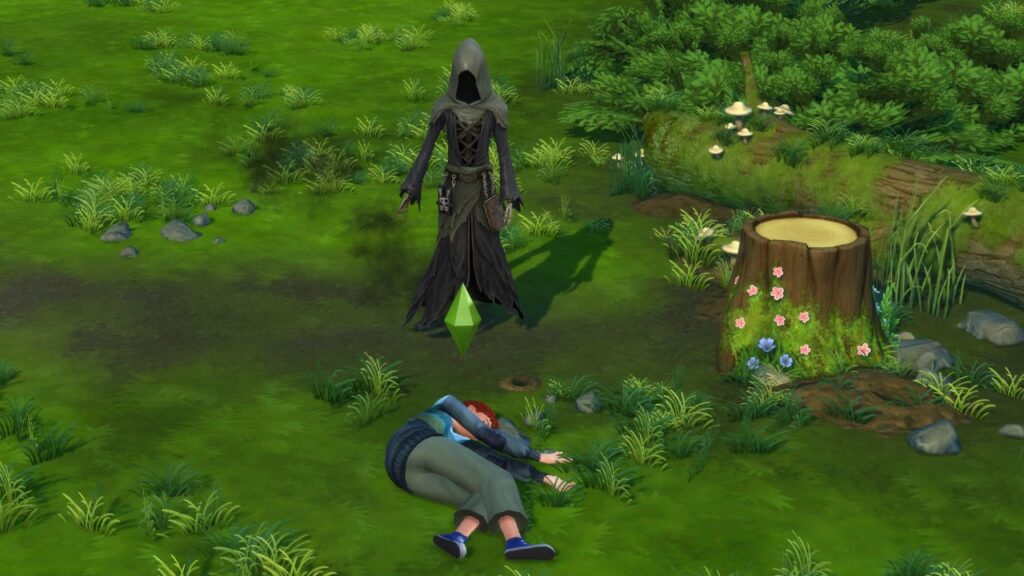 A screenshot from The Sims 4 showing a sim laying on the ground next to a rabbit houses with The Grim Reaper standing behind them 