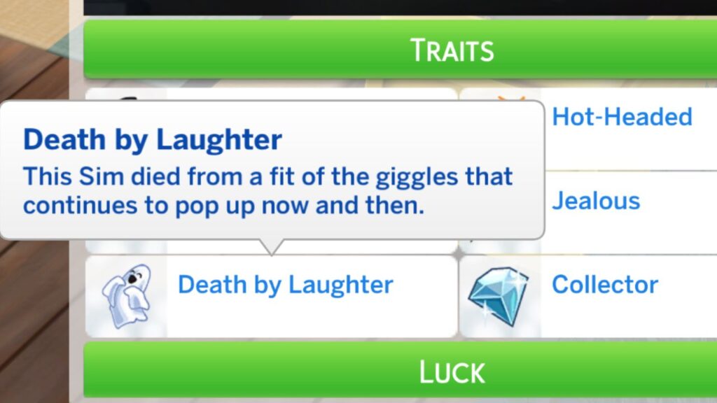 A screenshot from The Sims 4 showing the death by laughter trait 