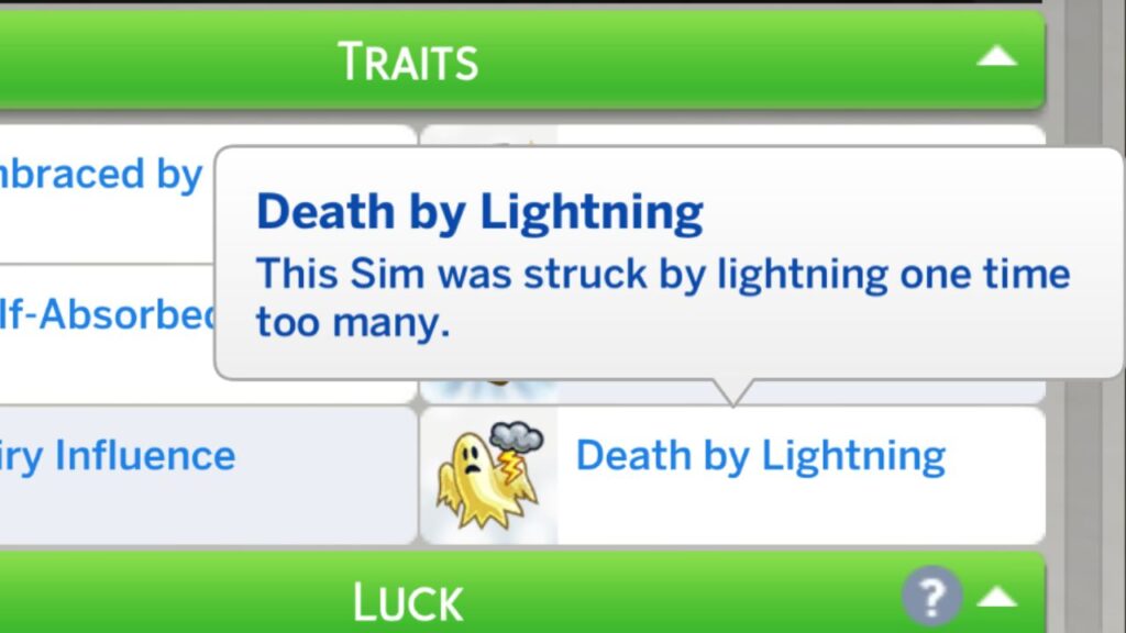 A screenshot from The Sims 4 showing the death by lightning trait 