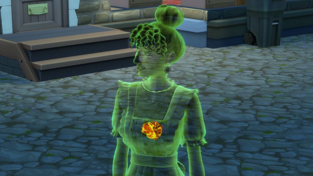 A screenshot from The Sims 4 showing a green ghost with a meteor in their chest