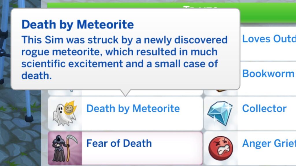 A screenshot from The Sims 4 showing the death by meteorite trait 
