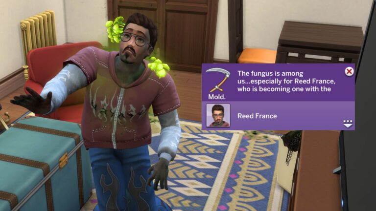 A screenshot from The Sims 4 showing a sim passing away from death by mold