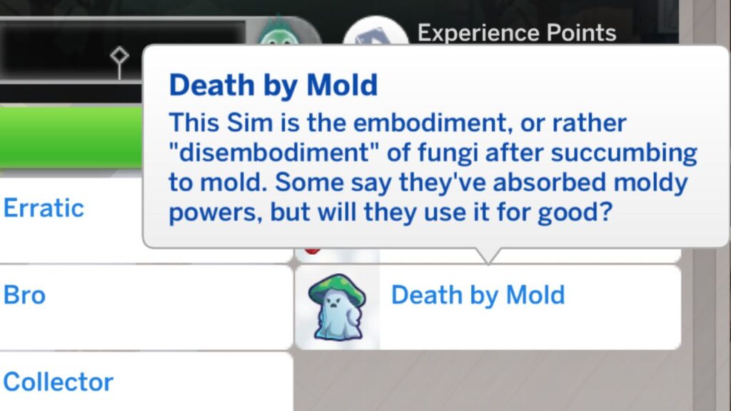 A screenshot from the sims 4 showing the Death by Mold trait 