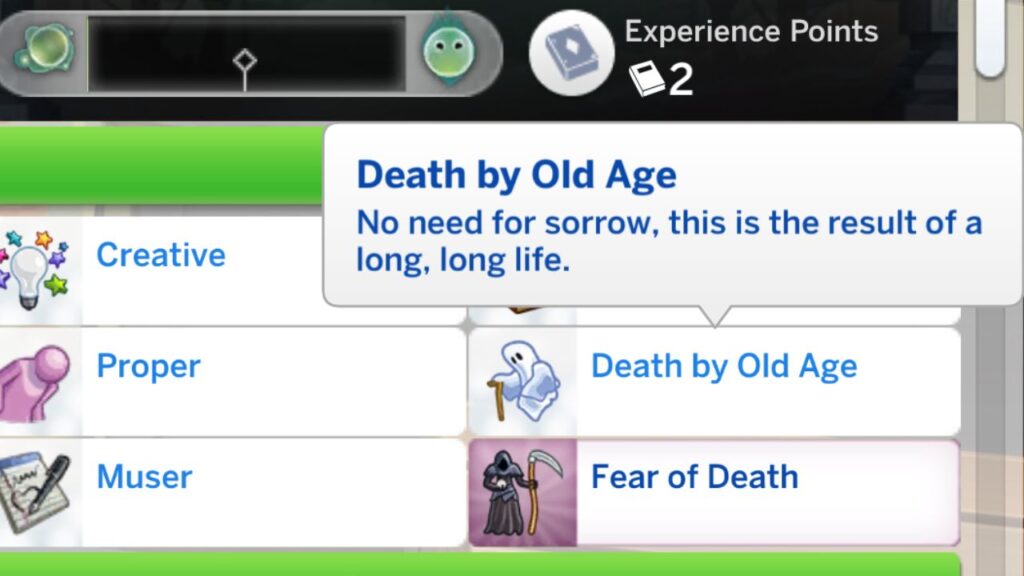A screenshot from The Sims 4 showing the death by old age trait 