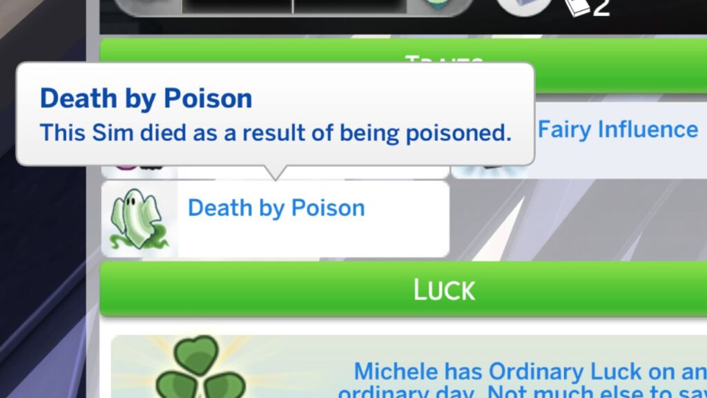 A screenshot from The Sims 4 showing the death by poison trait 