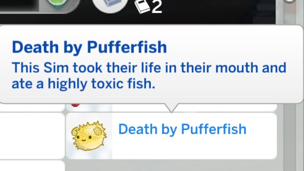 A screenshot from The Sims 4 showing the death by pufferfish trait