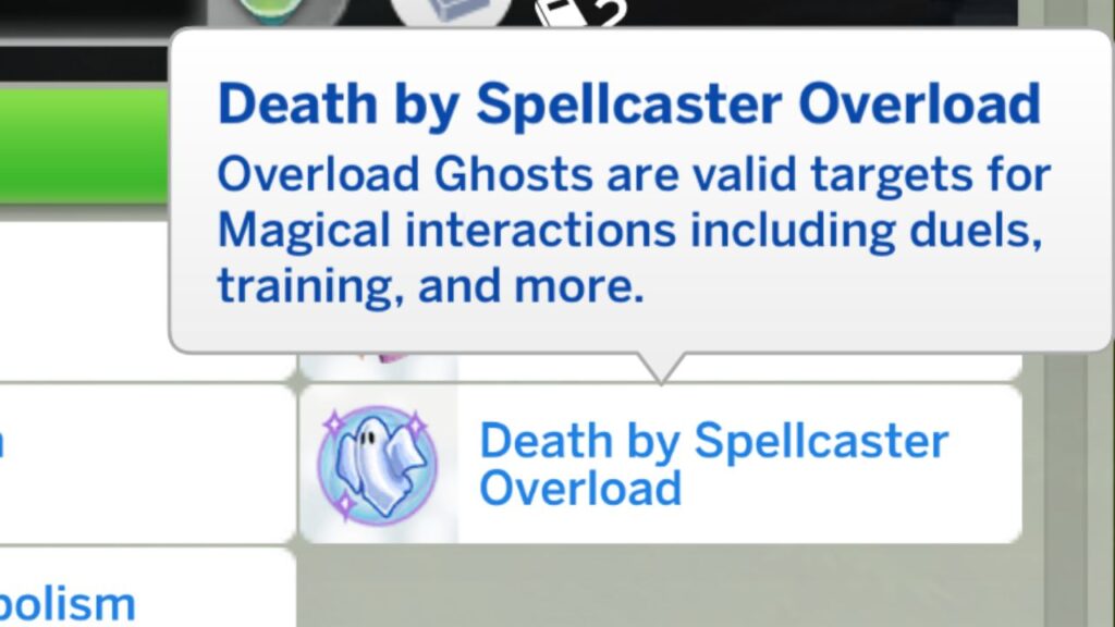 A screenshot from The Sims 4 showing the death by spellcaster overload trait 